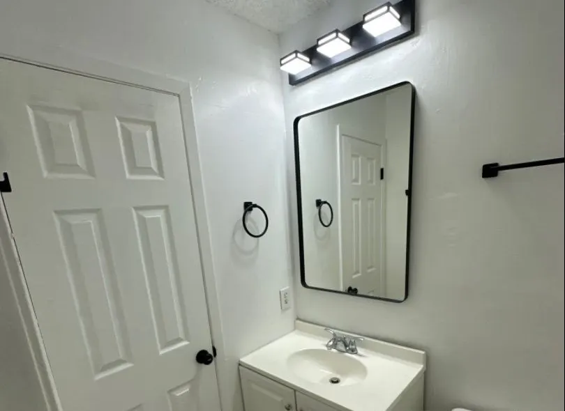 After: bath refresh. Fresh paint, matte-black mirror, light bar and fixtures.