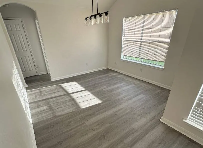 After: dining room update. Carpet out, vinyl plank in. New paint and light fixture.