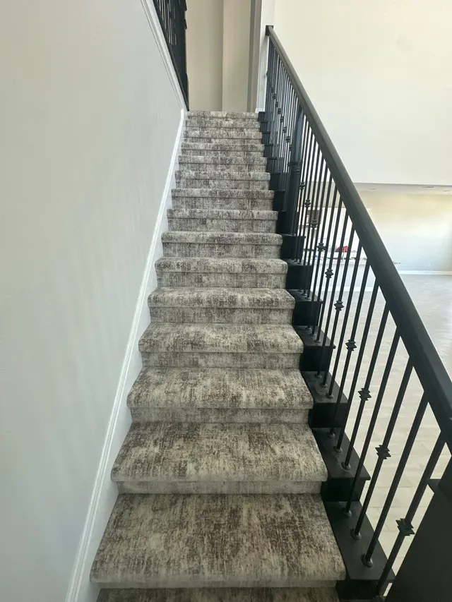 Staircase with new patterned carpet and black iron balusters